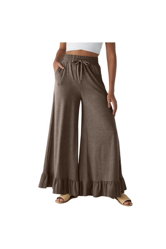 Women Flowy Wide Leg Long Pants, Solid Drawstring Elastic Waist Ruffled Split Hem Loose Casual Daily Trousers Brown S