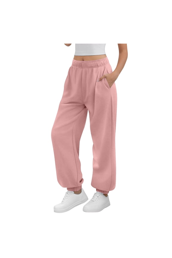 Women Loose Fit Long Athletic Sweat Pants, Solid Elastic Drawstring Waist Relaxed All Match Daily Lounge Bottoms Pink XXL
