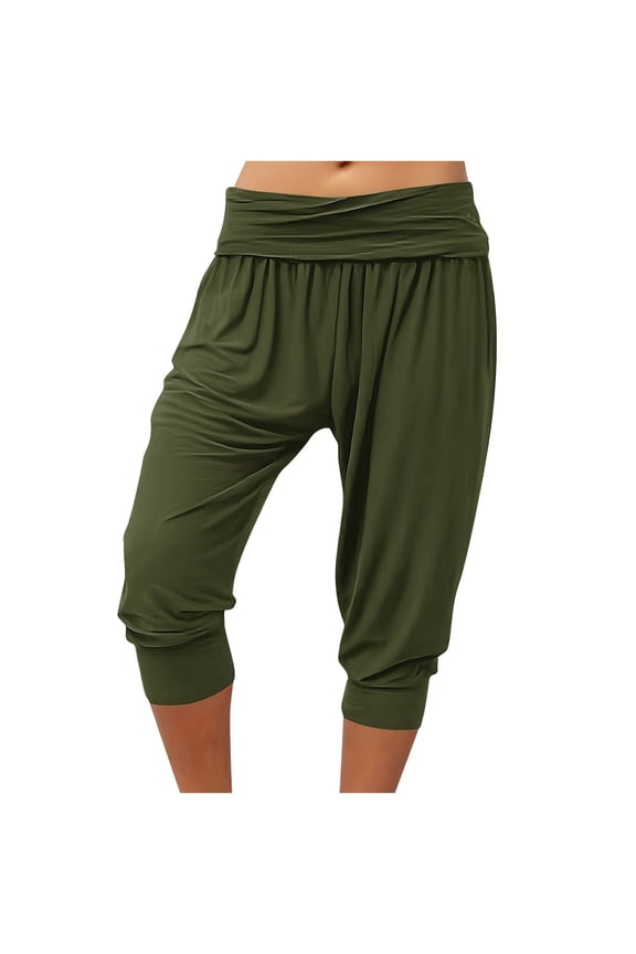Women Solid Cuffed Ankle Capri Pants, Elastic Drawstring Waist Side Pockets Slimming Casual Daily Trousers Army Green L
