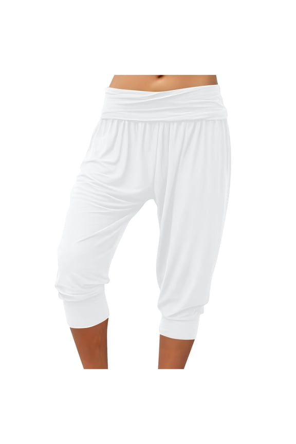 Women Solid Cuffed Ankle Capri Pants, Elastic Drawstring Waist Side Pockets Slimming Casual Daily Trousers White M