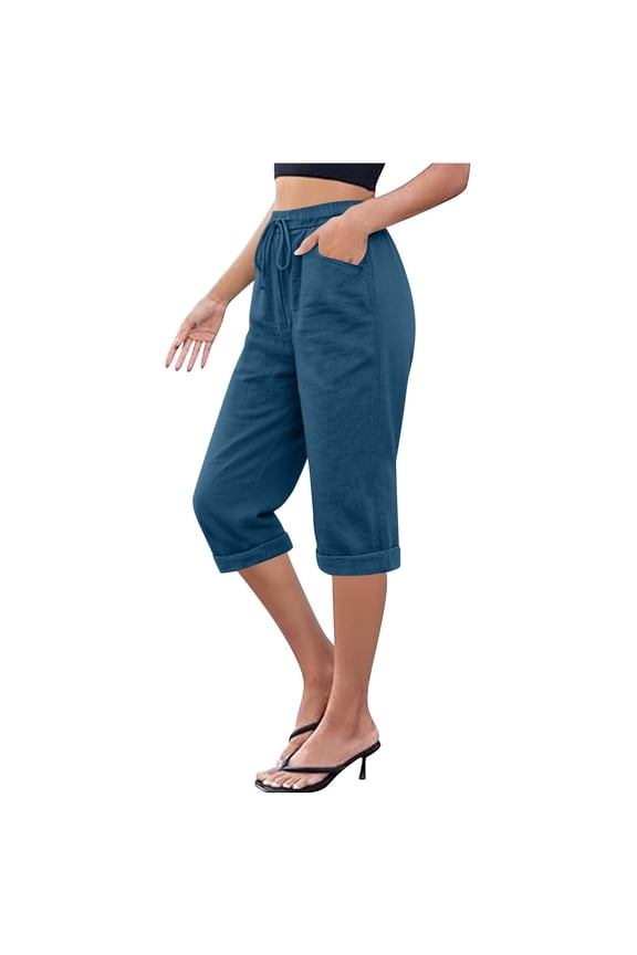 Women Solid Faux Linen Capri Pants, Elastic Drawstring Ribbed Waist Relaxed Straight Fit Summer Daily Lounge Bottoms Navy S