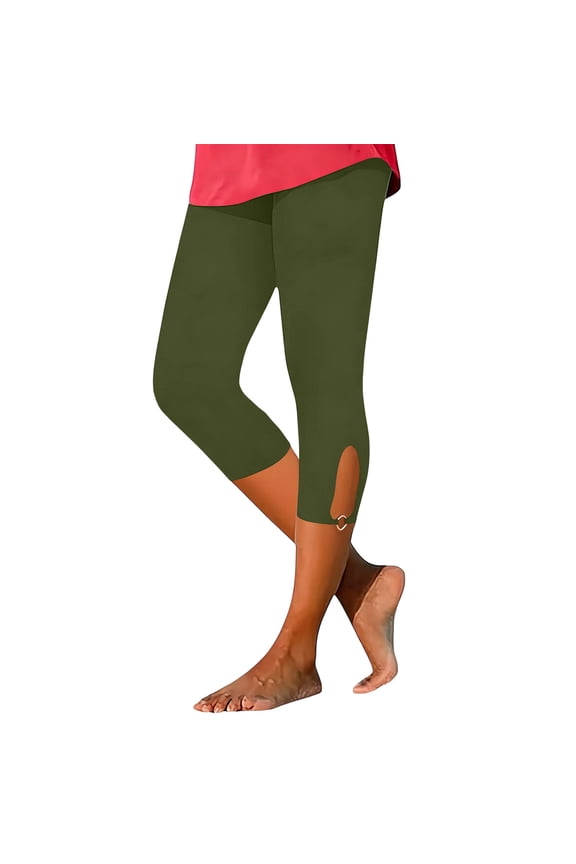Women Solid High Waist Slim Cuff Capri Leggings, Elastic Stretch Soft Fabric Daily Casual Workout Bottoms Green XXL