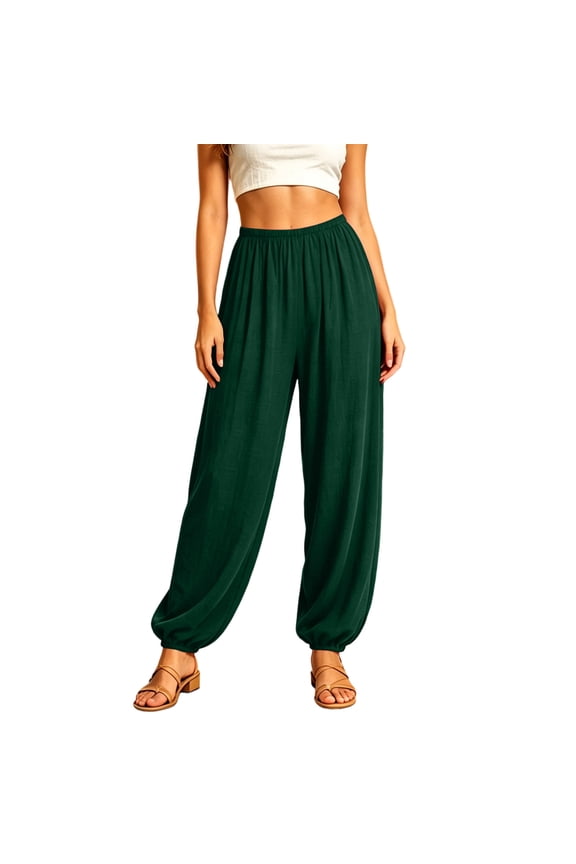 Women Solid Loose Harem Yoga Long Pants, Lightweight Elastic Waist Breathable Summer Daily Casual Lounge Bottoms Army Green S