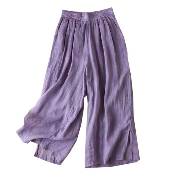 Nhthy Women Wide Leg Pants Elastic Waist Cotton Linen Lounge Trousers 2025 Summer Lightweight Comfy Solid Color Loose Pants Purple XXL