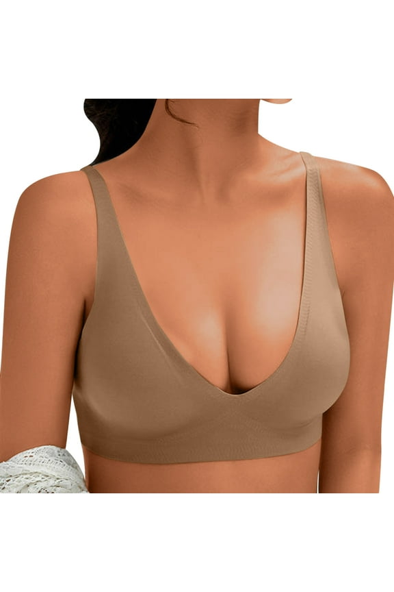 Women's Beauty Back Smoothing Minimizer Bra, Deep U Push Up Low Cut Plunge Bras, Comfort Wirefree Lifting Brassiere Brown XXL