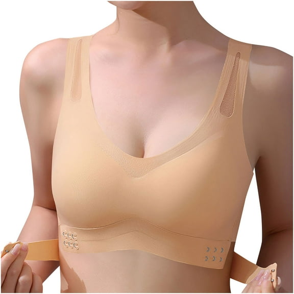 Nhthy Women's CROSS Front Clasp Seamless Non Padded Wirefree Bra, Bralette with Wide Comfortable Straps for Everyday Wear Beige XL