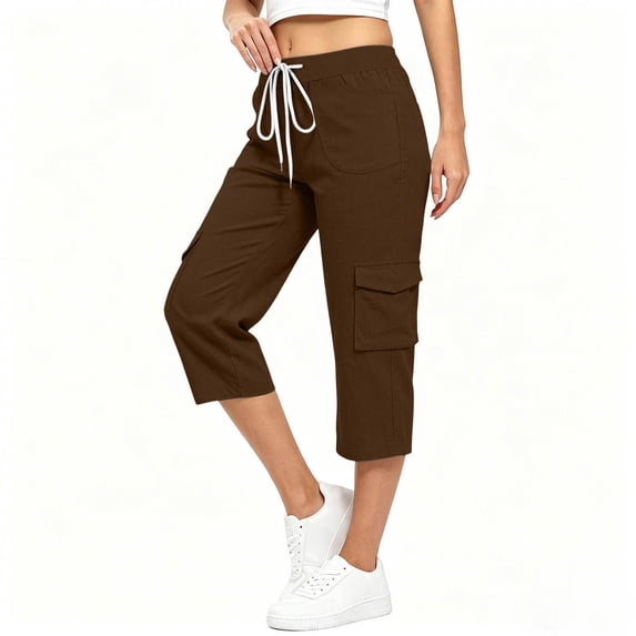 Nhthy Women's Drawstring Elastic Waist Linen Blend Capri Pants, Loose Cargo Style 7/8 Cropped Trousers with Multi Pockets for Outdoor Hiking Brown XXXL