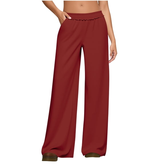 Nhthy Women's Extended Wide Leg Pants Fall Casual Loose Sweatpants Soft Comfortable Straight Pants with Ruffles Waist Red L