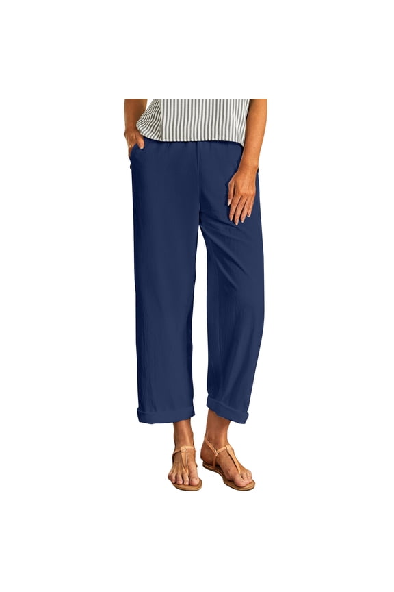 Women's Fall Elastic Waist Long Pants, Solid Color Full Length Straight Wide Leg Casual Trousers Navy M
