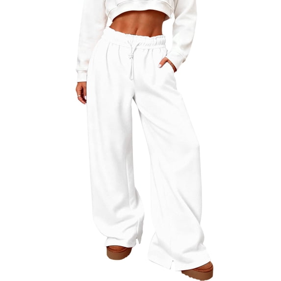 Nhthy Women's Fleece Lined Sweatpants Foldover Waistband Drawstring Wide Leg Sweat Pants Warm Lounge Pants with Pockets White L