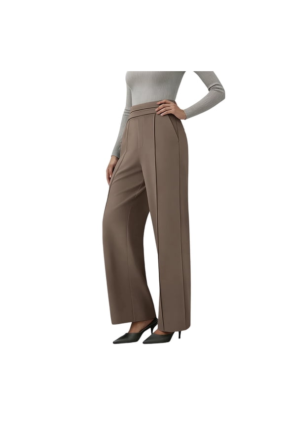 Women’s Functional High Waist Yoga Slacks, Supportive Stretch Waist, Practical Side Storage Pockets, Straight Leg Design for Work & Home Brown M