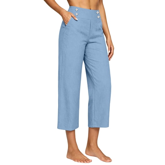 Nhthy Women's High Waist Linen Blend 7/8 Capri Pants, Elastic Waist Button Detail, Loose Comfort Fit Casual Cropped Trousers for Summer Beach Daily Sky Blue S