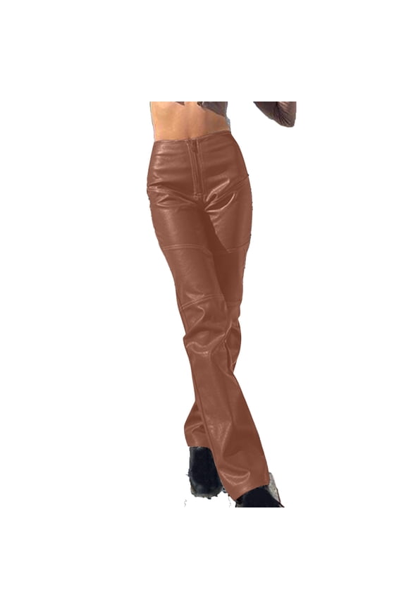 Women's PU Leather High Waisted Straight Wide Leg Pants with Pocket Baggy Leather Pants for Women Casual Trousers Brown L