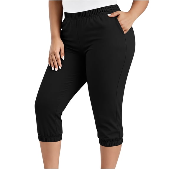 Nhthy Women's Plus Size Solid Casual Capri Pants, Comfort Loose Fit 7/8 Cropped Trousers with Side Pockets for All Day Wear Black XXXXL
