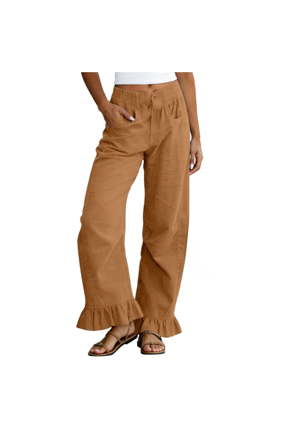 Women’s Ruffle Hem Linen Pants, Natural Frilly Edge Design, Flowy Wide Leg Silhouette, Side Pockets, Boho Chic Summer Beach Casual Wear Brown XXL