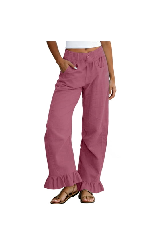 Women’s Ruffle Hem Linen Pants, Natural Frilly Edge Design, Flowy Wide Leg Silhouette, Side Pockets, Boho Chic Summer Beach Casual Wear Hot Pink XL