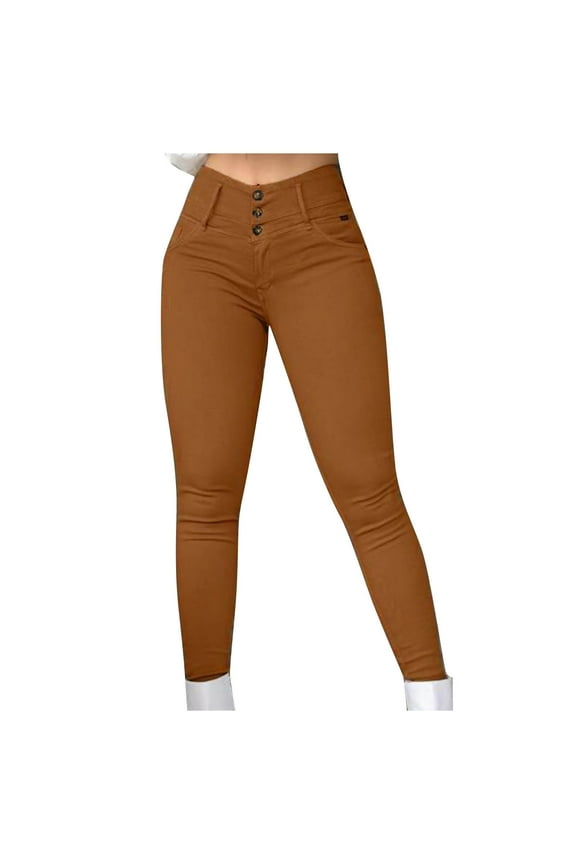 Women's Skinny Pants High Waisted Multi Button Closure Bodycon Slim Fitted Casual Bootcut Legging Trousers Brown S