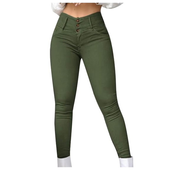 Nhthy Women's Skinny Pants High Waisted Multi Button Closure Bodycon Slim Fitted Casual Bootcut Legging Trousers Green S