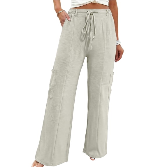 Nhthy Women's Solid Summer Drawstring Waist Cargo Pants Wide Leg Casual Loose Fit Trousers White L