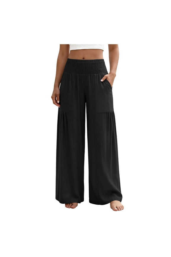 Women's Summer Big Pocket Wide Leg Long Pants, Elastic Waist Drape Fabric Suit Style Trousers Black XL