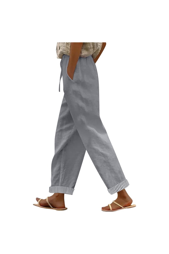 Women's Summer Cuffed Striped Linen Long Pants, Harem Style Elastic Waist Capri Length Trousers Gray L