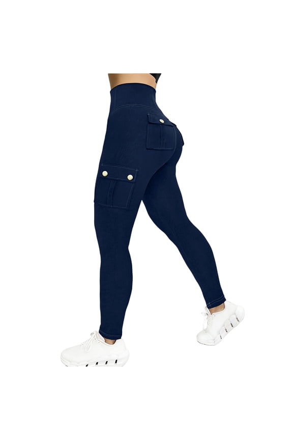 Women's Summer Denim Yoga Long Pants, Solid Butt Lifting Design High Waist Stretch Fitness Trousers Dark Blue S