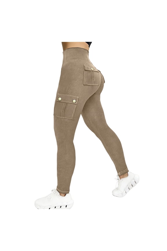 Women's Summer Denim Yoga Long Pants, Solid Butt Lifting Design High Waist Stretch Fitness Trousers Khaki M