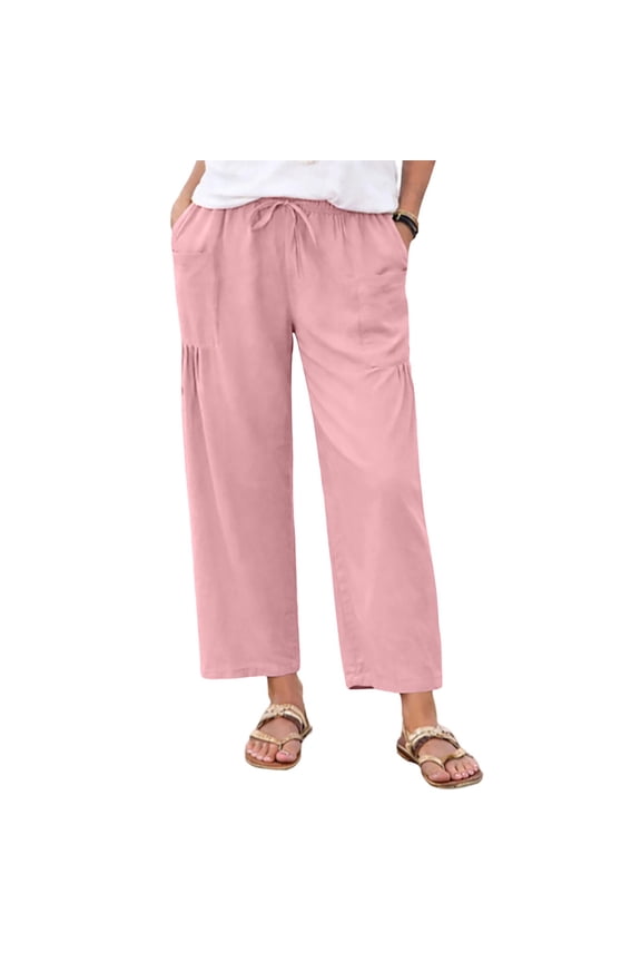 Women's Summer Elastic Waist Linen Long Pants, Solid Capri Length Straight Leg Casual Trousers Pink M