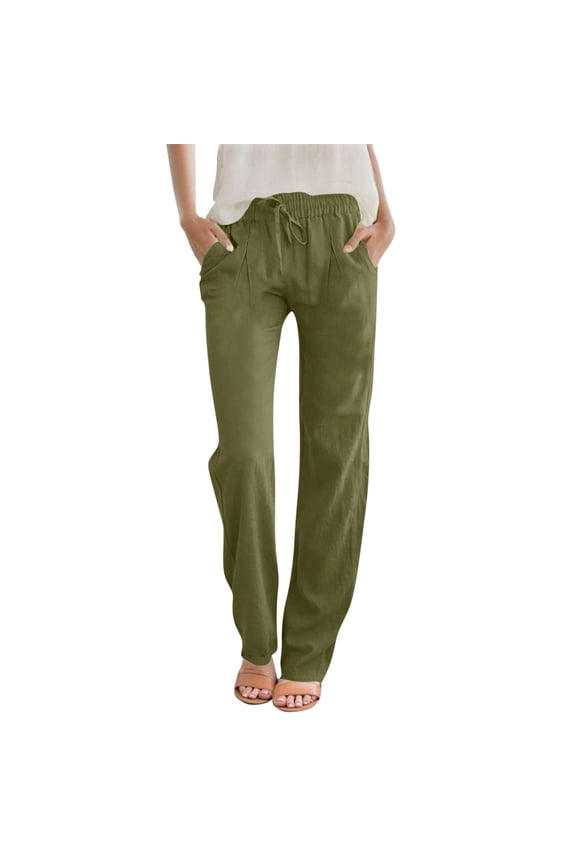 Women's Summer Elastic Waist Linen Long Pants, Solid Straight Leg Full Length Casual Daily Trousers Army Green S