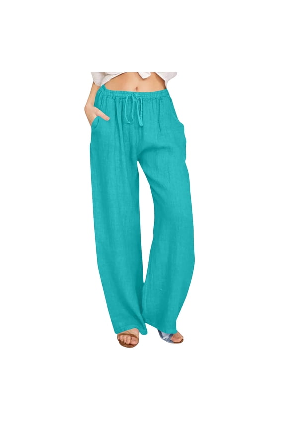 Women's Summer Fashion Drawstring Linen Pants Loose Wide Leg Casual Breathable Trousers Mint Green M