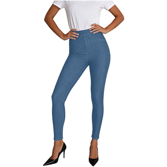 Nhthy Women's Summer Fashion High Waist Denim Pants Stretch Skinny Fit Casual Daily Trousers Blue L