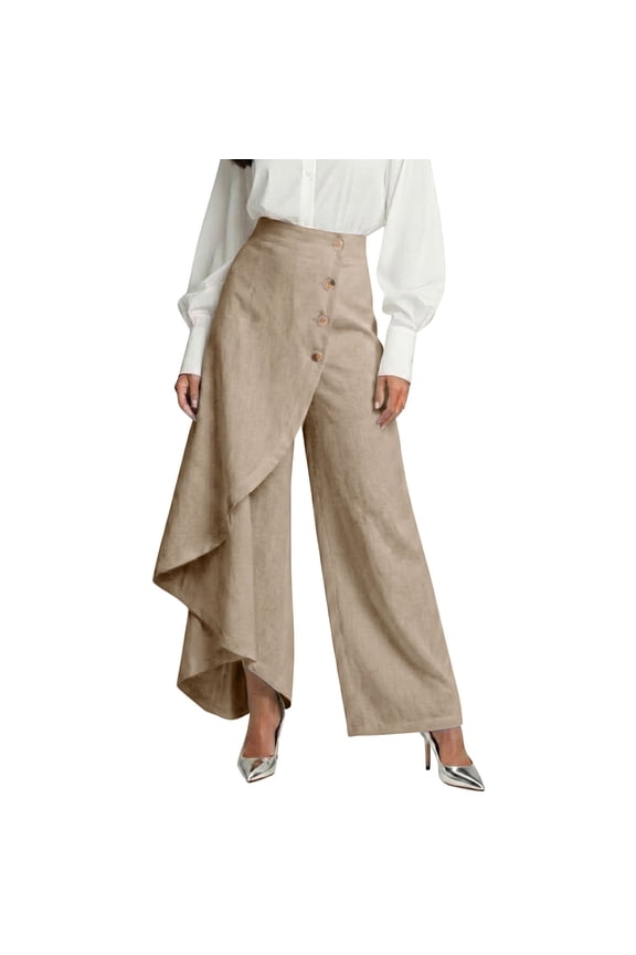 Women's Summer Fashion High Waist Pants Button Detail Asymmetric Ruffle Wide Leg Casual Khaki M