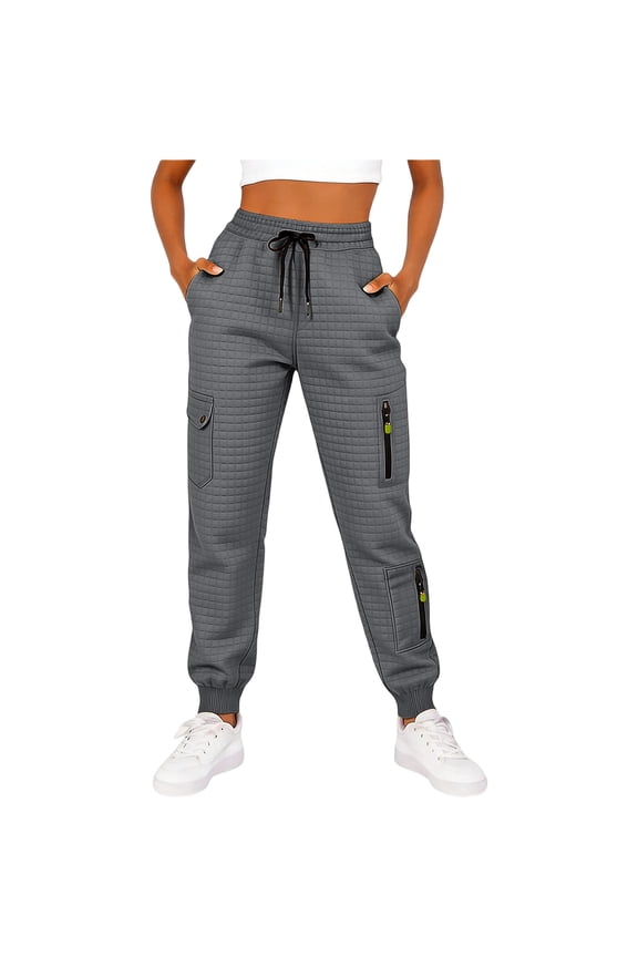 Women's Summer Fashion Quilted Grid Jogger Pants Multi Pocket Zipper Cargo Casual Pants Gray S