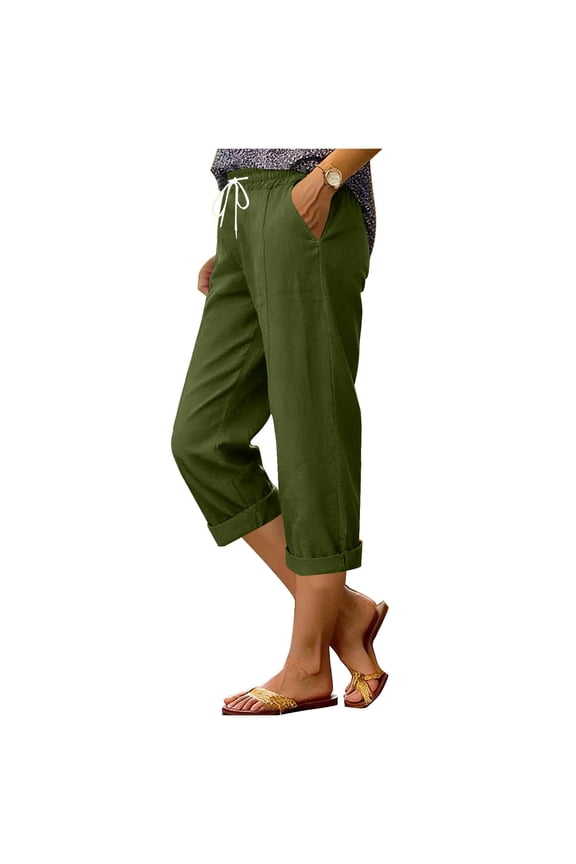 Women's Summer Linen Capri Pants Drawstring Elastic Waist Rolled Hem Casual Cropped Army Green L