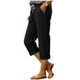 thumbnail image 1 of Nhthy Women's Summer Linen Capri Pants Drawstring Elastic Waist Rolled Hem Casual Cropped Black S, 1 of 6