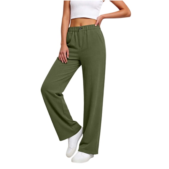 Nhthy Women's Summer Linen Loose Pants Straight Leg Trousers Button Elastic Waist Pockets Army Green M