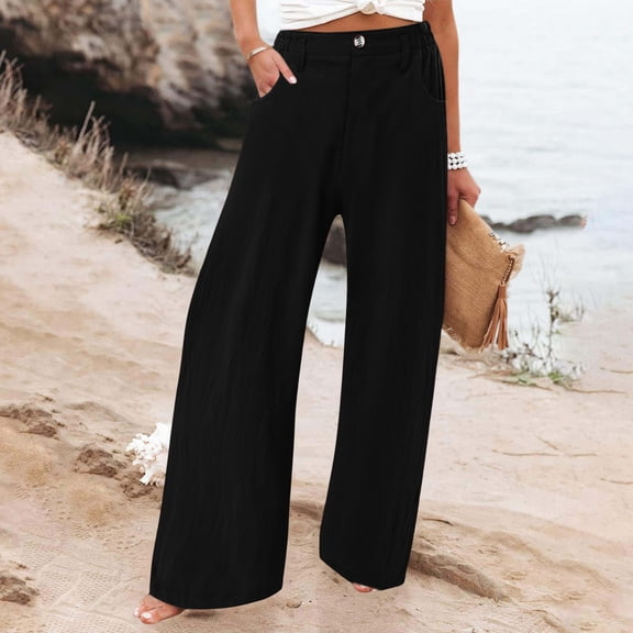 Nhthy Women's Summer Linen Loose Pants Straight Leg Trousers Button Elastic Waist Pockets Black M