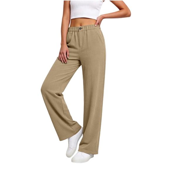 Nhthy Women's Summer Linen Loose Pants Straight Leg Trousers Button Elastic Waist Pockets Khaki M
