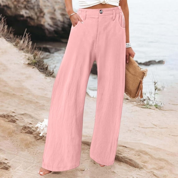 Nhthy Women's Summer Linen Loose Pants Straight Leg Trousers Button Elastic Waist Pockets Pink M
