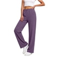 thumbnail image 1 of Nhthy Women's Summer Linen Loose Pants Straight Leg Trousers Button Elastic Waist Pockets Purple L, 1 of 7