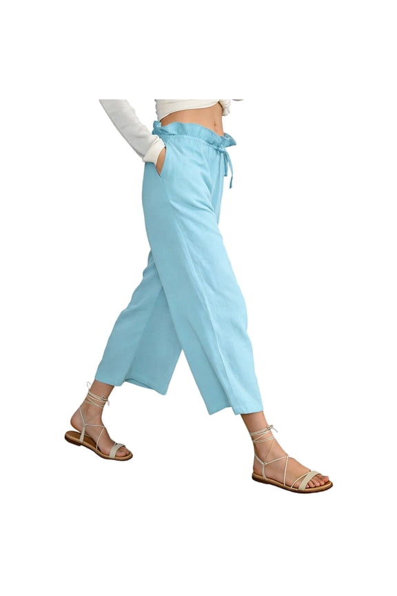 Women's Summer Ruffle Waist Linen Long Pants, Solid Drawstring Closure Full Length Wide Leg Capri Trousers Light Blue S