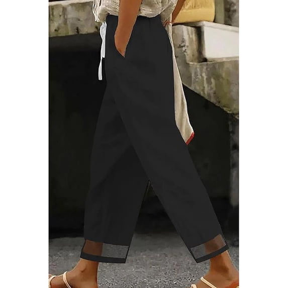 Nhthy Women's Summer Side Mesh Patchwork Linen Long Pants, Capri Length Harem Style Elastic Waist Trousers Black XL