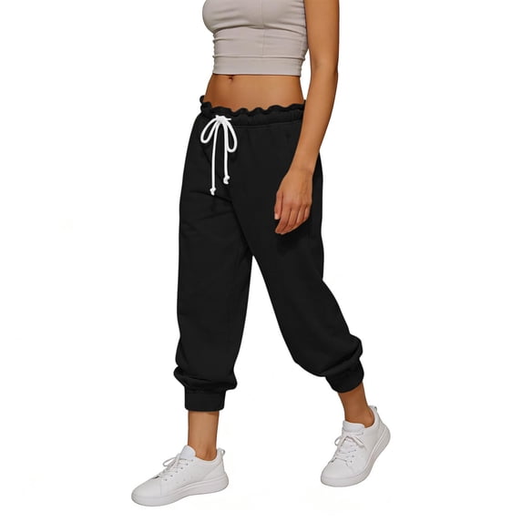 Nhthy Women's Summer Solid Cropped Joggers Elastic Waist Drawstring with Functional Pockets Black XXL