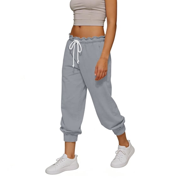 Nhthy Women's Summer Solid Cropped Joggers Elastic Waist Drawstring with Functional Pockets Gray XL