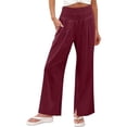 thumbnail image 1 of Nhthy Women's Summer Split Wide Leg Linen Long Pants, Elastic Waist Full Length Casual Daily Wear Trousers Red M, 1 of 4