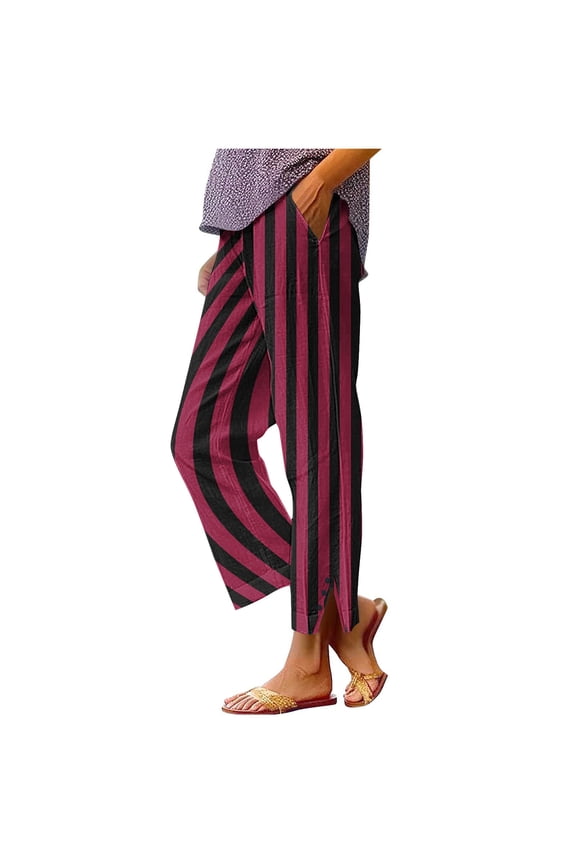 Women's Summer Striped Faux Linen Pants Straight Leg Button Detail Elastic Waist Wine S
