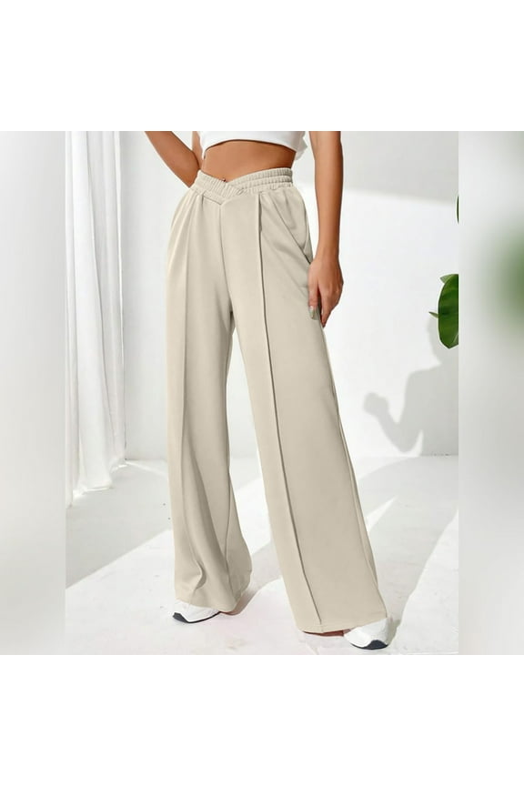 Women's V Crossover Waist Sweatpants Baggy Wide Leg Sweat Pants Comfy Loose Fit Bootcut Long Length Lounge Pants Yellow XL