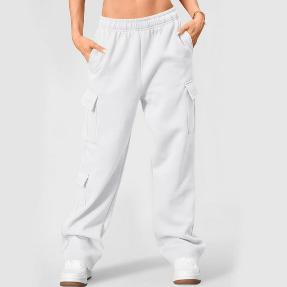 Nhthy Womens Cargo Sweatpants Wide Leg Fleece Lined Y2k Pants Fall Winter Baggy Joggers with Pockets White L