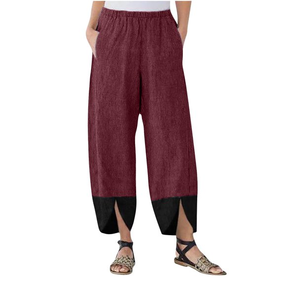 Nhthy Womens Casual Loose Cropped Pants Baggy Corduroy Irregular Work Trousers Wide Leg Outdoor Workout Capris Harem Pants Red L