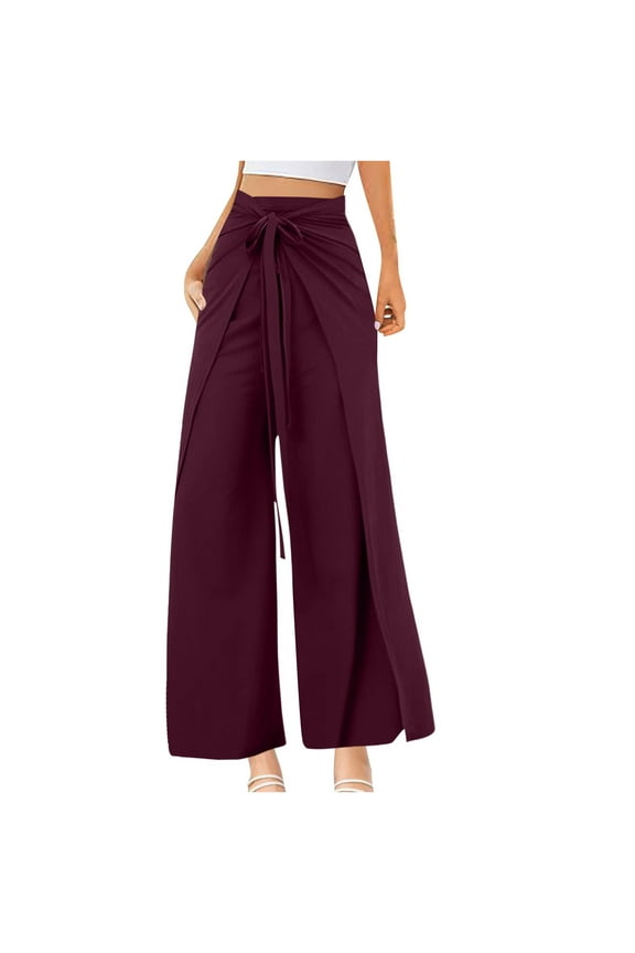 Womens Wide Leg Pants Yoga Flowy Split Palazzo Pants Tie Front Wrap Trousers Beach Cover Up Casual Lounge Boho Pants Red L